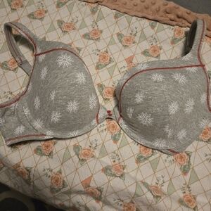 Gray and Red Full-Coverage Bra with Adjustable Straps